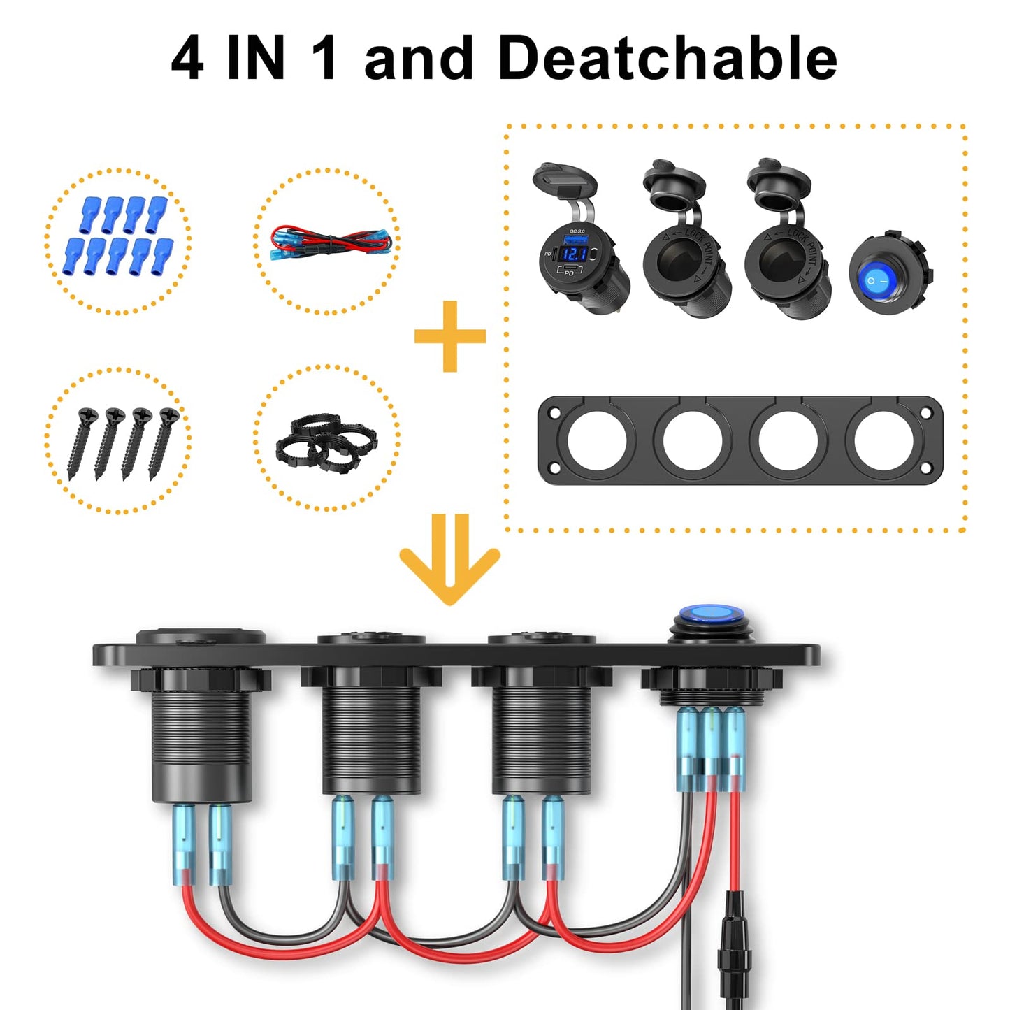 (4 in 1) PD 30W USB C 12V Socket: Switch Panel DC 12 Volt Car Type C Jack Waterproof USB Flush Mount Socket Outlet Cigarette Lighter Adapter Car Charger for iPhone Motorhome Boat Caravan