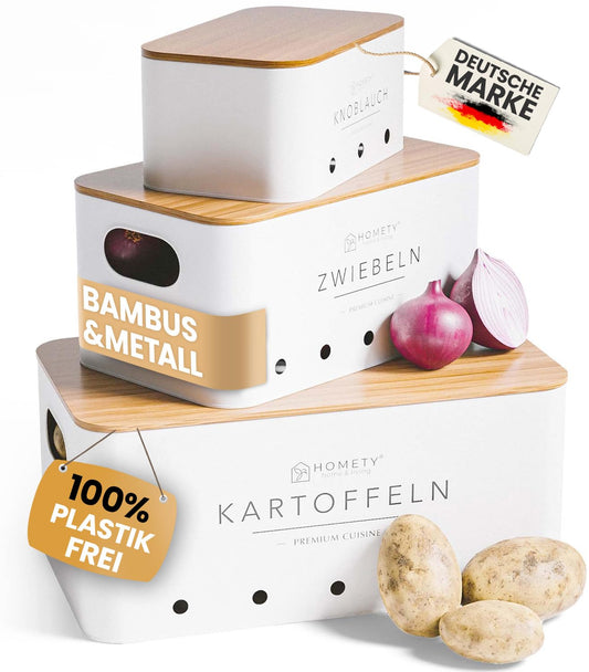 Homety Potato Storage Box [Set of 3] - Keeps Vegetables Fresh for Longer - Ideal way to store onions, potatoes, and garlic (White)