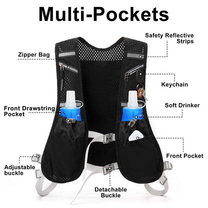 Running vest for women and men. Reflective hydration pack with 2 x 500 ML, adjustable chest straps, soft water bottles, front and back zipper backpack for cycling, hiking, running, outdoor activities.