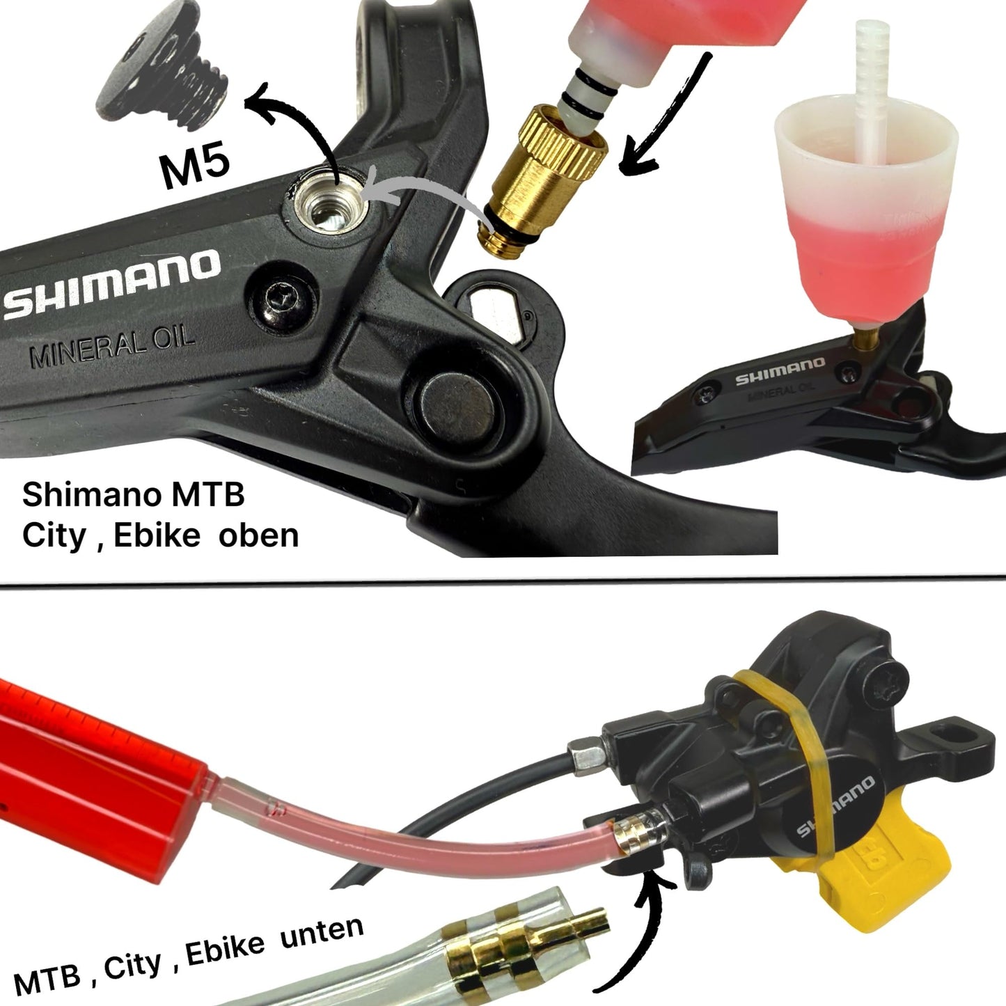 Shimano Hydraulic Mineral Oil 100ml + F26 Disc Brake Maintenance Service Kit for MTB Ebike Tour Road Bike Gravel Disc, including bleeding set, 3in1 bleed block, filling bottle funnel with M5 M7 M6 connection.