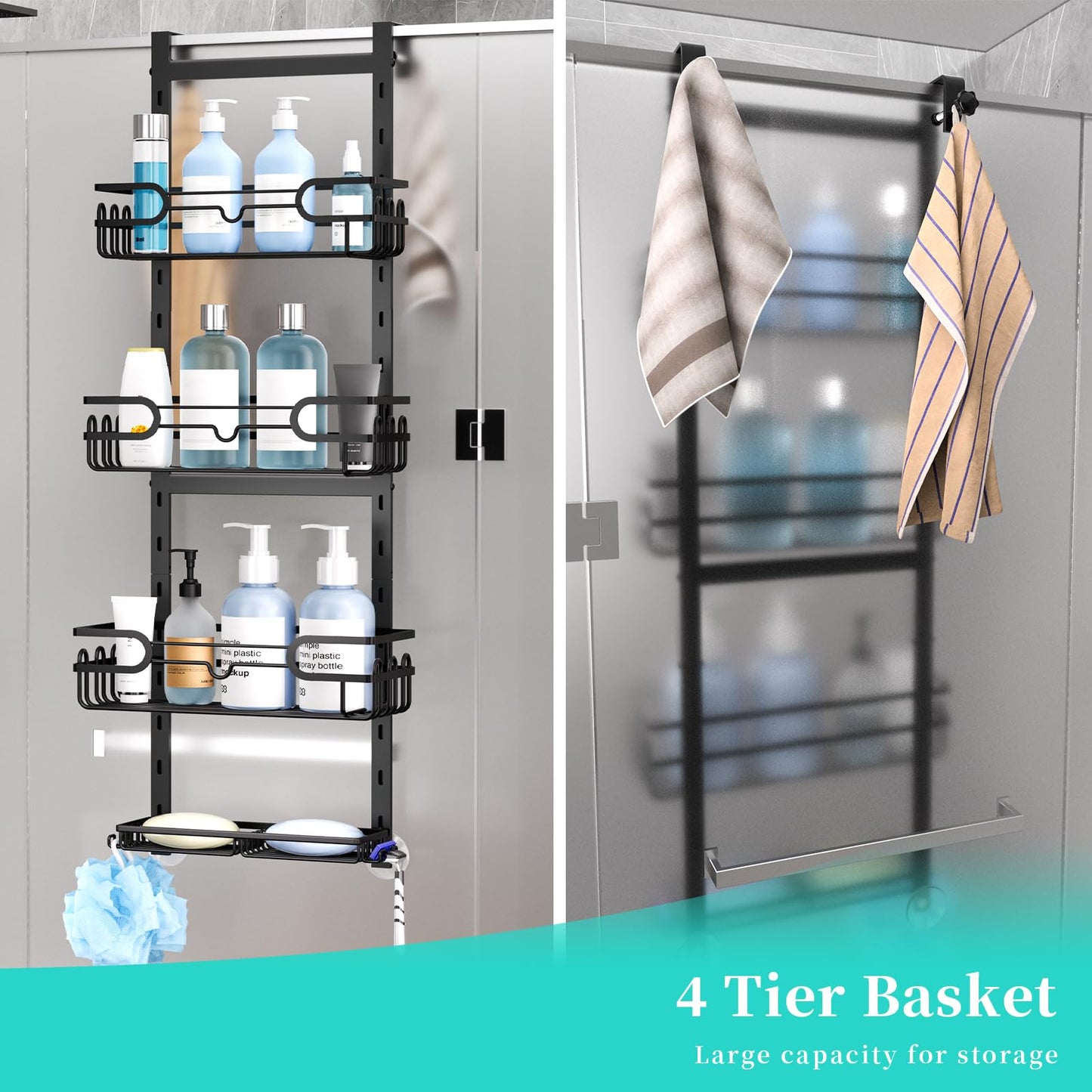 HapiRm Hanging Shower Caddy - Adjustable Hanging Shower Organizer with 4 Shower Baskets, Soap Dish, and Hooks, Over-the-Door Bathroom Shower Caddy
