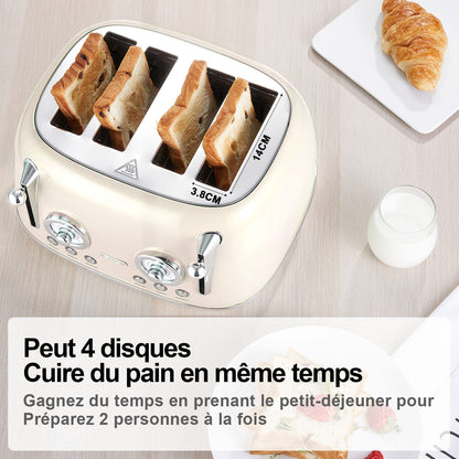 Wiltal 4-Slice Toaster, Long Slot Toaster, Stainless Steel Housing, with Built-in Bun Warmer, With Cover, Browning Control 1-6, Defrost Function, Crumb Tray, Retro Toaster, Cream White.