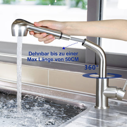 Wall-mounted kitchen faucet with pull-out sprayer: Brushed stainless steel faucet with hand shower mixer tap sink faucet with 2 spray modes 360° rotatable kitchen tap for sink garden bathroom