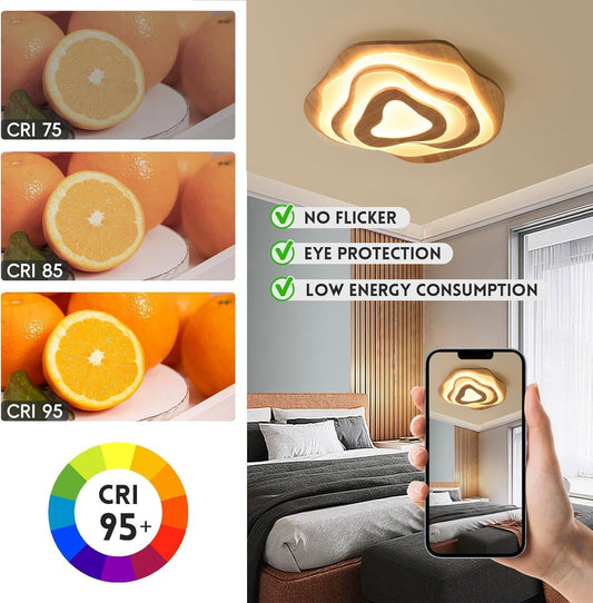 SENFAI LED living room ceiling light wood ceiling lamp 3000K warm white 50W Ø 60cm modern wooden lamp bedroom lamp living room lamp irregular round children's room lamp (not dimmable)