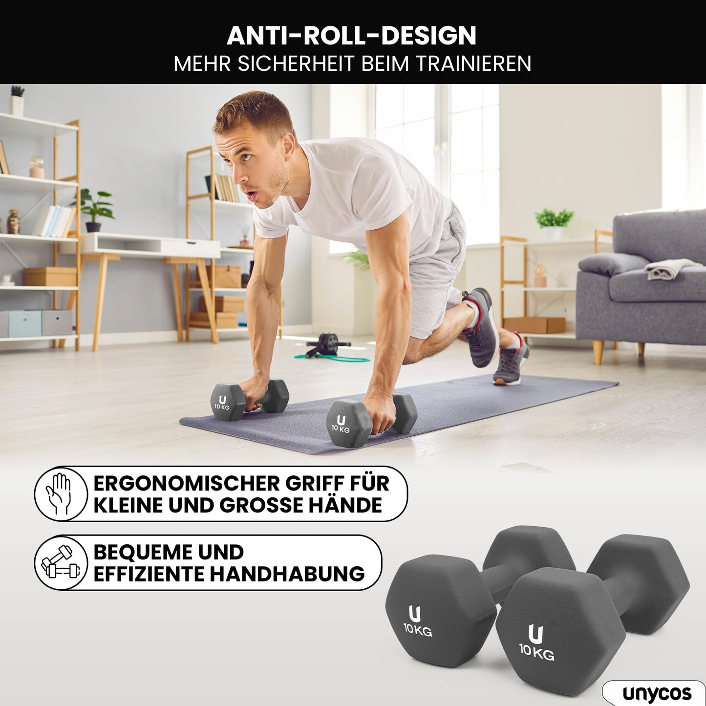 unycos - Neoprene dumbbells【2 sets, 10 kg】Hexagon dumbbells, Non-slip for women and men, Anti-roll design, Gym, Strength training, Pilates, Home fitness equipment (Dark grey)