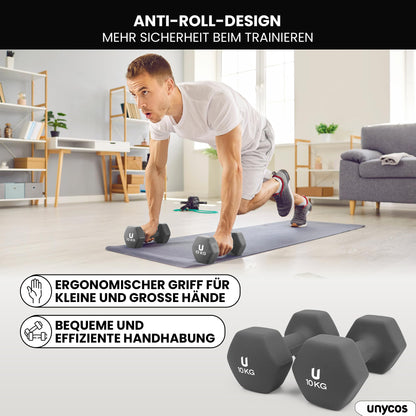 unycos - Neoprene dumbbells【2 sets, 10 kg】Hexagon dumbbells, Non-slip for women and men, Anti-roll design, Gym, Strength training, Pilates, Home fitness equipment (Dark grey)