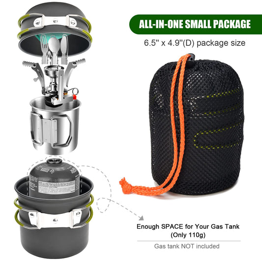 Odoland camping cookware set, pots and pans with compatible mini stove, cup, fork, knife, spoon, stainless steel, for outdoor, picnic, camping.