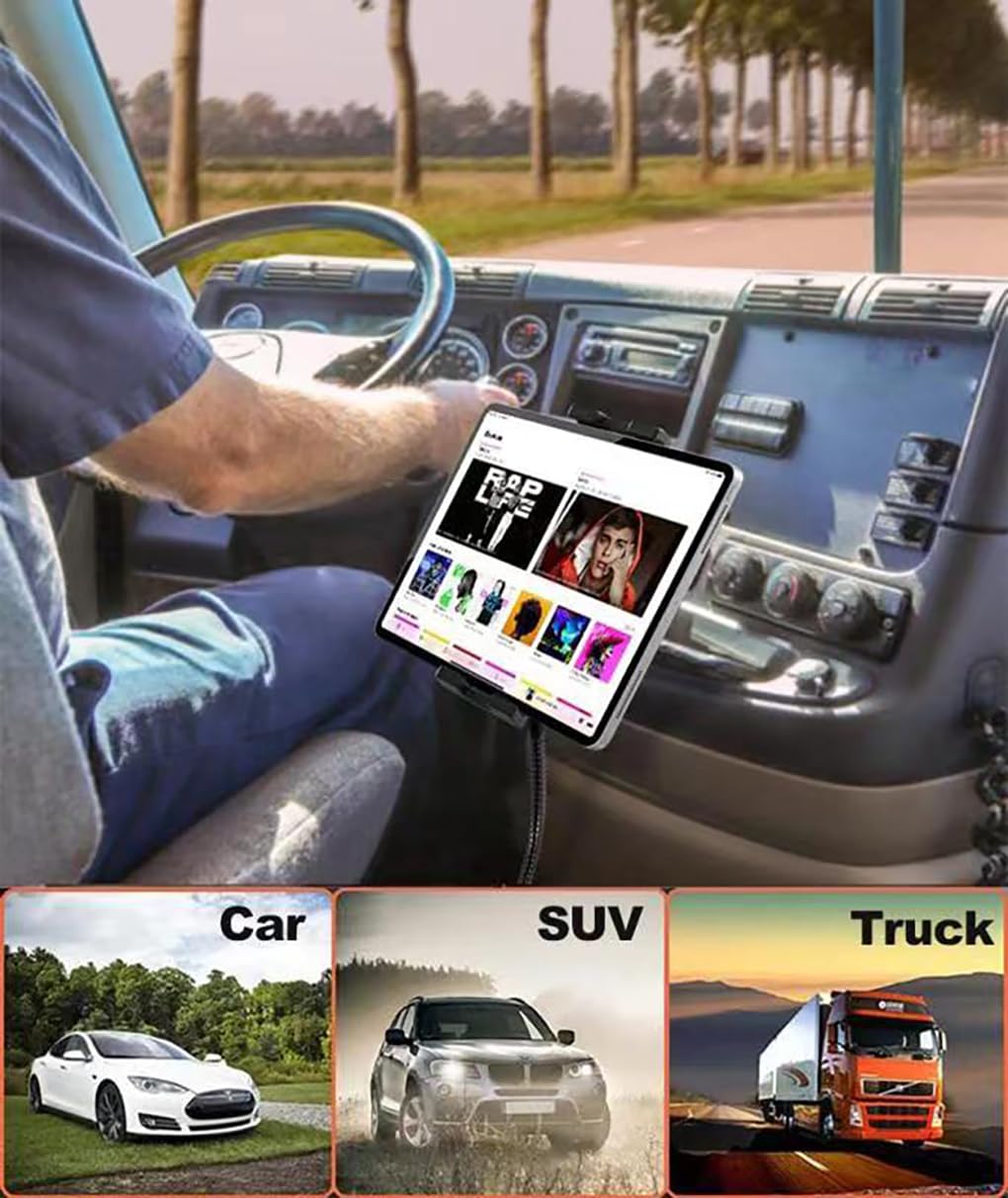 Oilcan seat rail car mount tablet holder, truck van bolt tablet phone holder with swan neck metal arm for iPad Pro Air Mini, Samsung Tabs, iPhone, more 4-13" phones and tablets.
