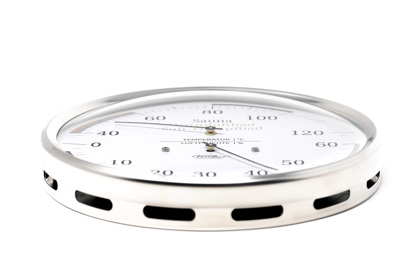 Fischer 185.01 Sauna Universal Thermohygrometer - 160mm Hair Hygrometer and Bimetal Thermometer made of stainless steel. Made in Germany.