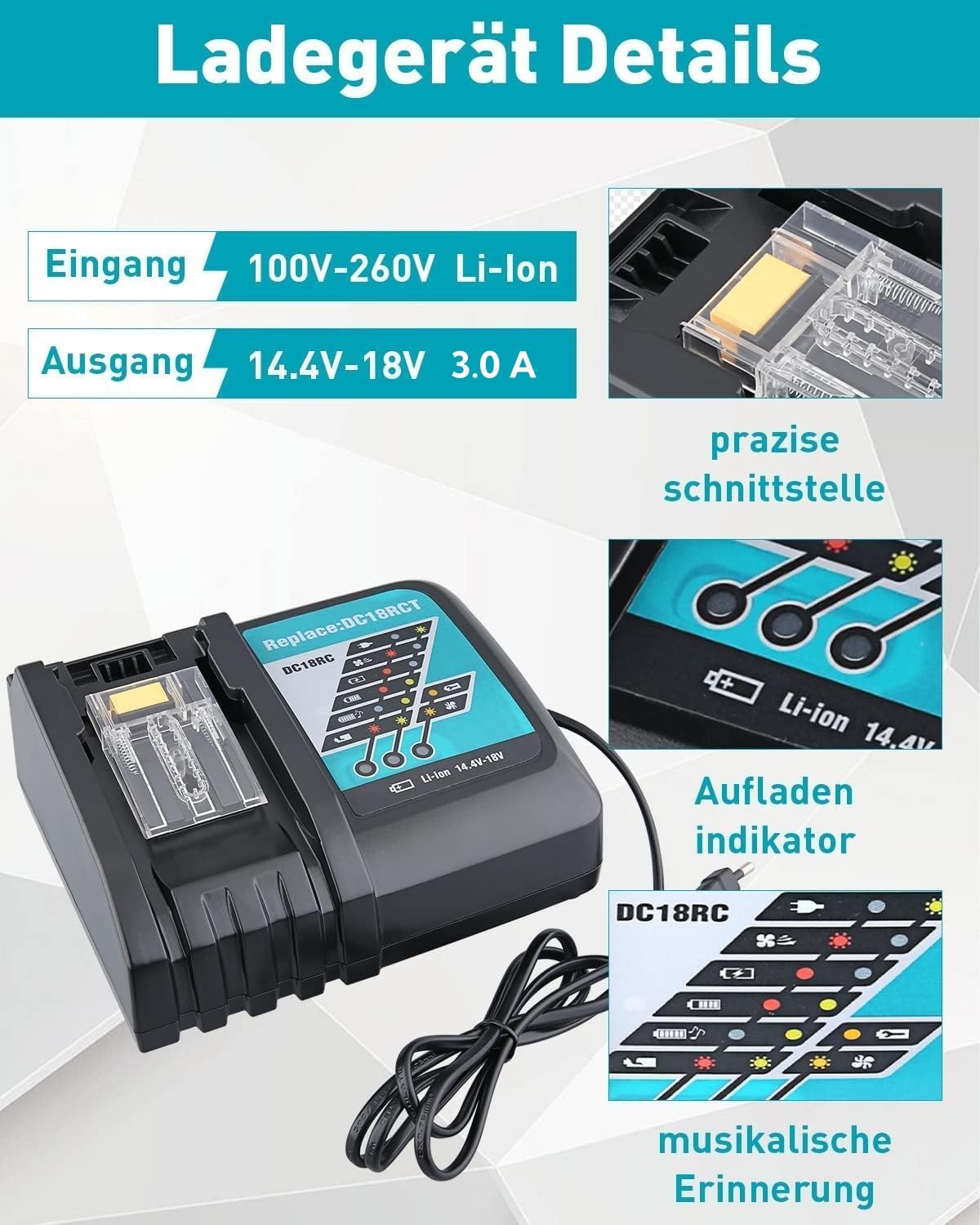 Replacement battery for Makita 18V BL1850B 5.5Ah with charger. Replacement for charger 18V DC18RC. Compatible with Makita 14.4V-18V BL1860 BL1850B BL1815 BL1430B BL1415 tool battery.