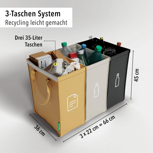Quickfresh - Waste separation system 3-piece set - Collection containers for recycling glass, paper, plastic & deposits - Space-saving waste separation system for kitchen & household (Symbols only)