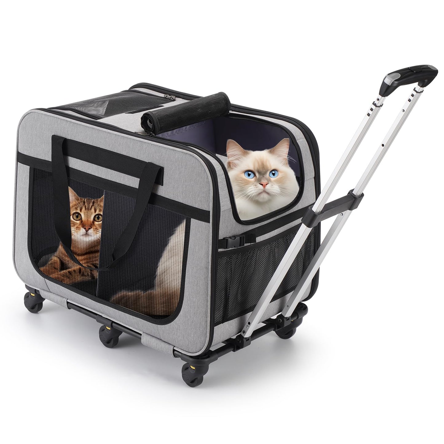 FASNATI Extra Large Cat Carrier for 2 cats up to 20kg, Foldable carriers for 2 cats with wheels, Large cat carrier for walks/camping, Grey.