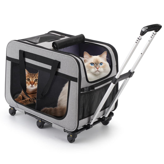 FASNATI Extra Large Cat Carrier for 2 cats up to 20kg, Foldable carriers for 2 cats with wheels, Large cat carrier for walks/camping, Grey.