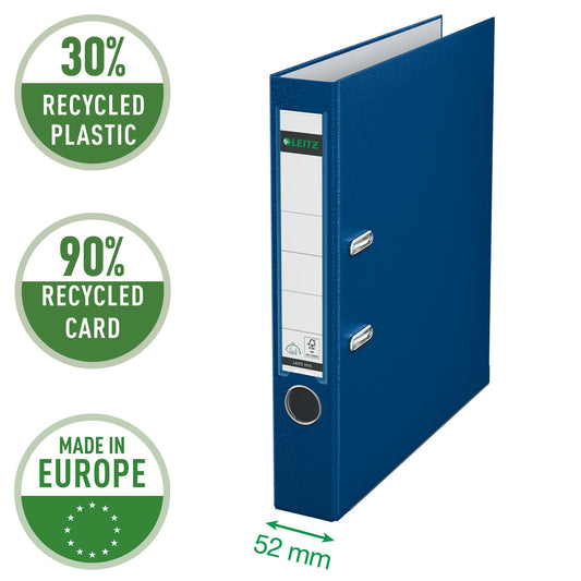 Leitz Quality Folder 180° Plastic, 3 Pack, Original, A4 file folder 5 cm slim, 90% recycled cardboard, 30% pre-consumer recycled plastic, with 180° mechanism, 350 sheets, Blue, 310345035