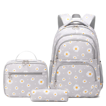 SIVENKE school backpack for girls, teenagers, and women. Daisy design set includes backpack, lunch bag, and pencil case for school and leisure.