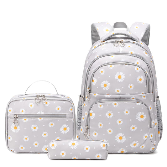 SIVENKE school backpack for girls, teenagers, and women. Daisy design set includes backpack, lunch bag, and pencil case for school and leisure.