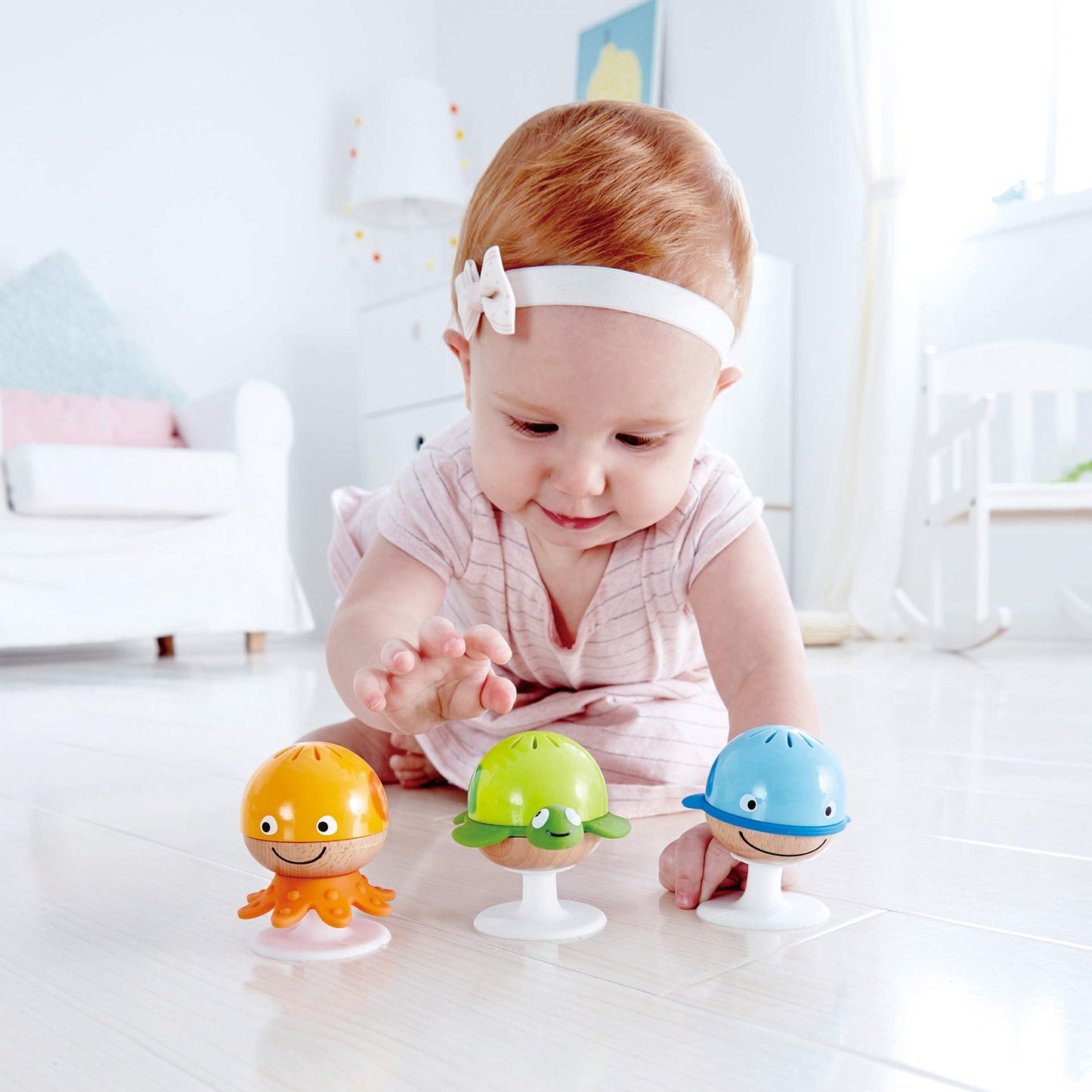 Hape Suction Cup Rattle Set | THREE aquatic animals with teething elements | Educational toy set for babies & Rainmaker | Mini wooden rattle Rainmaker toy, Red
