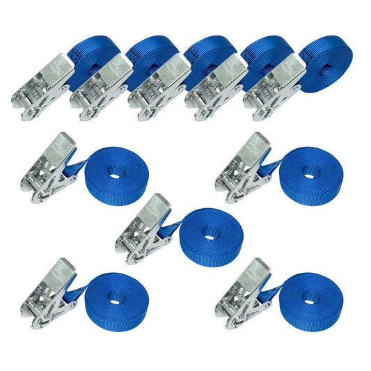 Amazon Basics Ratchet Tie Down Straps, 6m long, 25mm wide, 800kg capacity, compliant with DIN EN 12195-2, 10 pieces, Blue