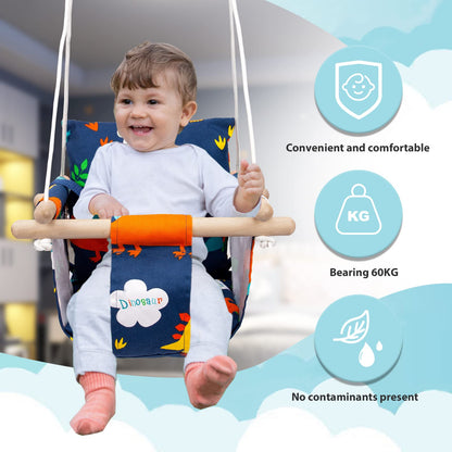 Katomi swing for baby kids with safety belt stainless steel carabiner soft cushion up to 50kg permissible length adjustable CE environmental fabric dinosaur pattern for garden indoor outdoor