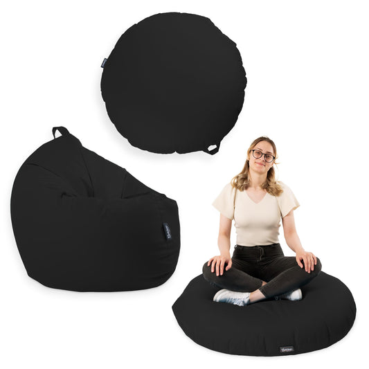 BuBiBag Premium 2-in-1 bean bag with filling for kids & adults | for outdoor & indoor use | seat cushion floor pillow | play & relax | water and dirt repellent (Black, 100 cm)