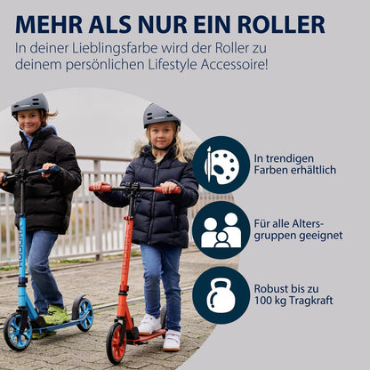 HUDORA Scooter Up 200 - Quiet aluminum scooter for up to 100kg - Height-adjustable & foldable kick scooter - Smooth ride for kids / teenagers & adults