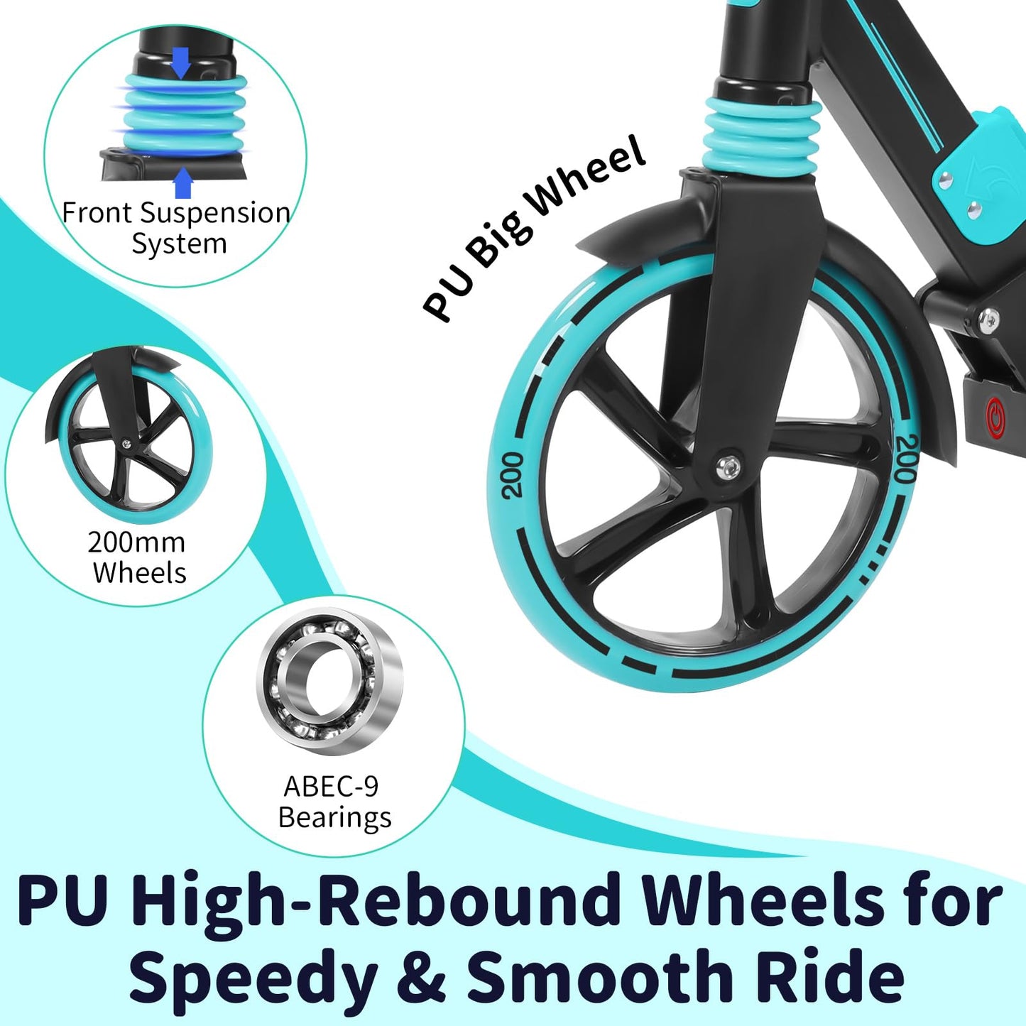 BELLEEV Big Wheel Scooter with LED Light-Up Handlebar, Deck, Adjustable Height, ABEC-9 bearings, 200mm wheels, Suspension, Carry Strap, Foldable Kick Scooter for Kids 6+, Teens, Adults.