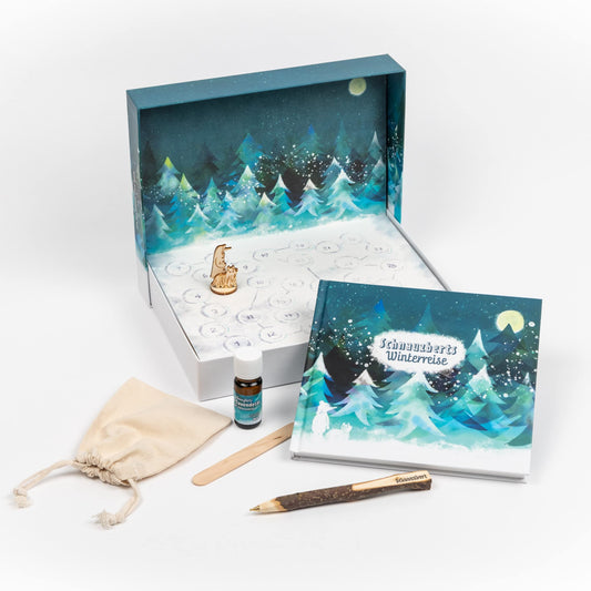 Schnauzbert's Winter Journey - Advent calendar for dog owners - experience box with book, organic essential oil, game board and more accessories, for mindfulness, relaxation and positive dog training.