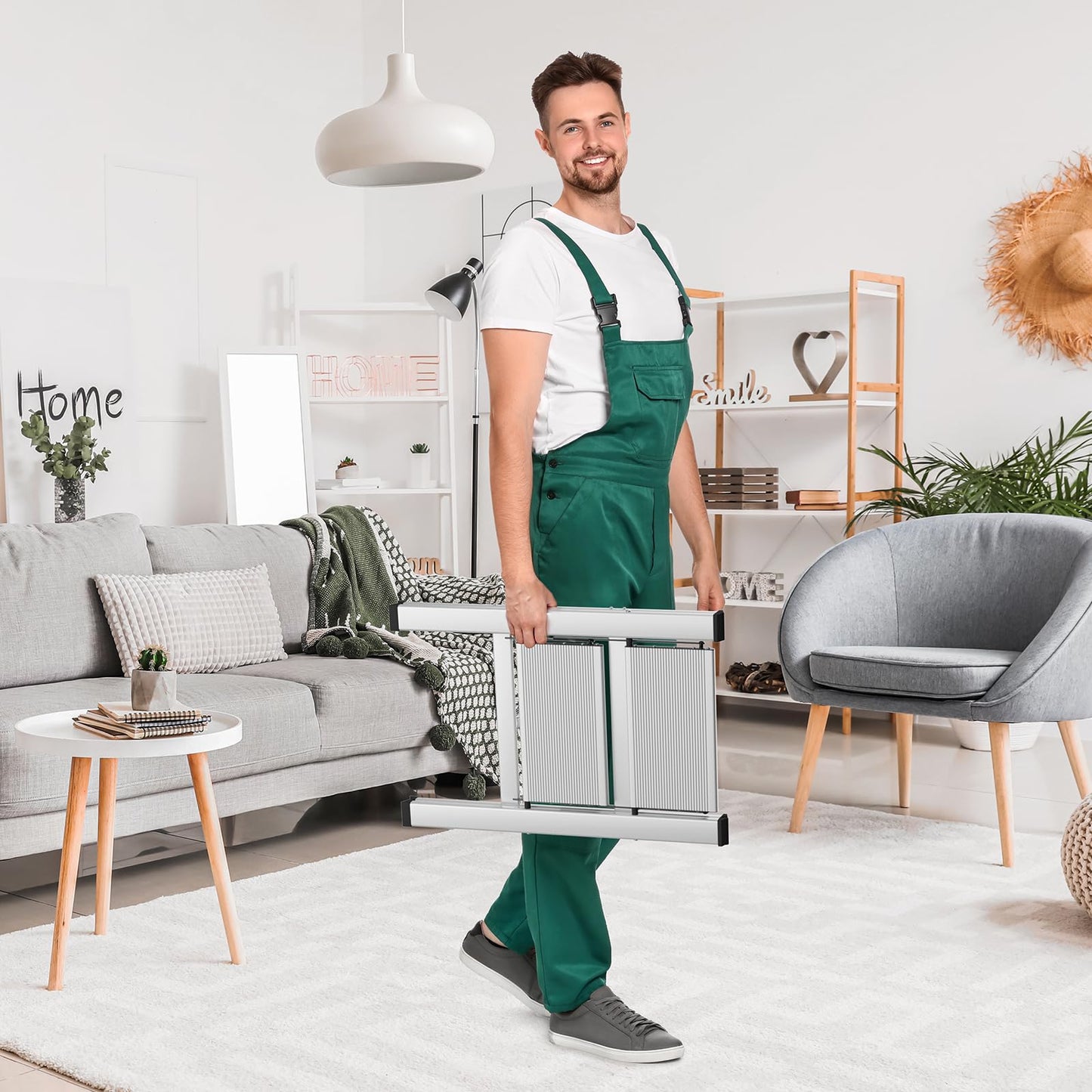 TLGREEN Aluminum Step Ladder 2-Step Folding Ladder Non-Slip Standing Ladder Household Multifunctional Step Stool Easy to Store up to 150kg Capacity for Kitchen Household Outdoor Office Silver