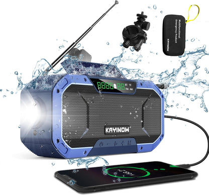 Solar crank radio with Bluetooth speaker, phone charging function, and bike mount. IPX5 waterproof and portable. Emergency AM/FM radio with 5000mAh battery. Perfect for camping and outdoor activities with built-in flashlight and SOS feature.
