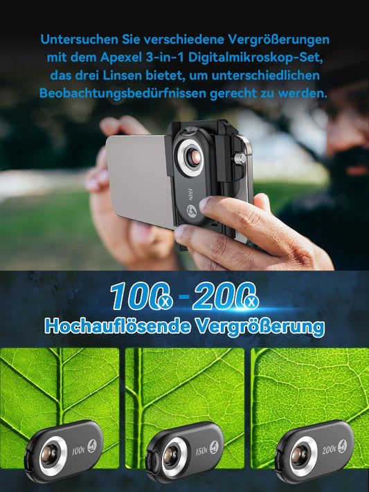 APEXEL 3in1 Mini microscope for smartphone camera, mobile microscope for smartphone, Explore Micworld with Smartphone Microscope