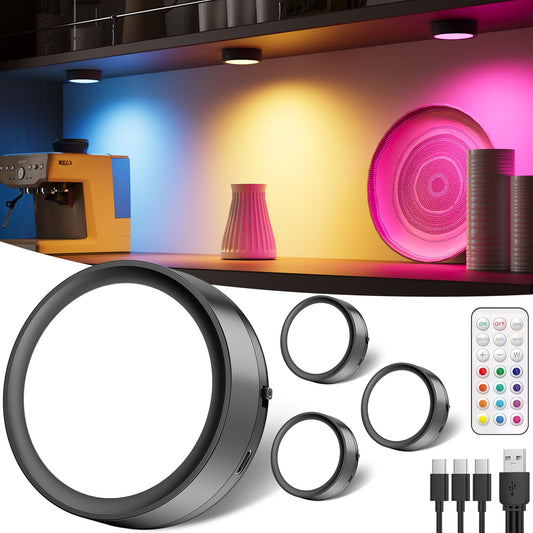 RGB LED spot with remote control, 2400mAh USB rechargeable display lighting Wireless dimmable under cabinet light kitchen LED round color changing spot battery adhesive light cabinet light with magnet and timer.
