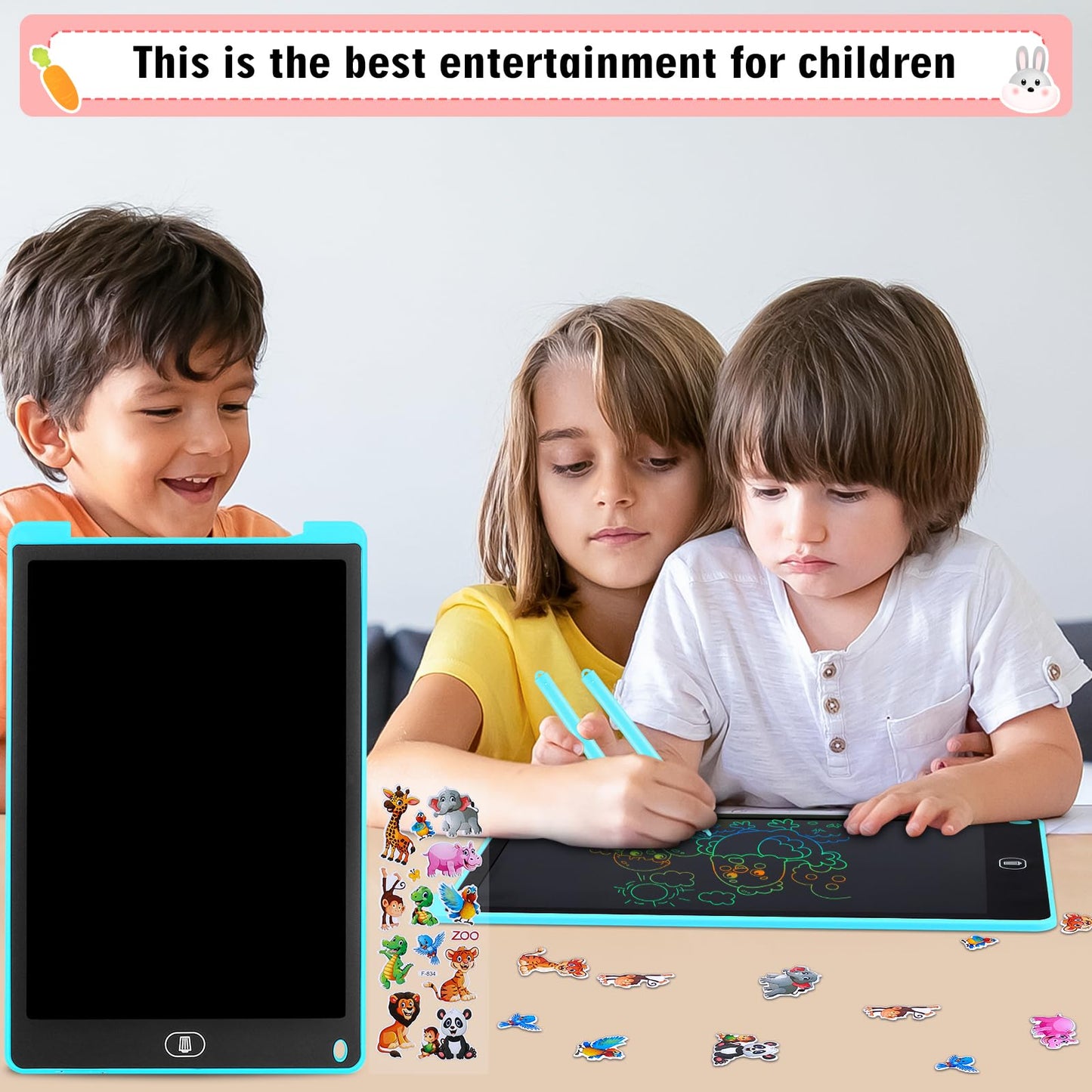 Damcyer 2 Pack-12 Inch LCD Writing Tablet for Kids, LCD Magic Board with Animal Stickers, Reusable Drawing Pad for Kids and Adults Birthday Gifts Toy, Blue + Blue
