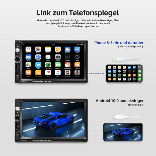 NHOPEEW Double Din Radio supports Android/iPhone Mirror Link 2 Din 7 inch Touch Display Car Radio with Bluetooth Handsfree/Dual USB/SD/AUX/Steering Wheel Control + Rear View Camera.