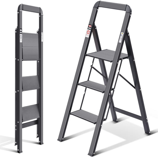 KINGRACK Aluminum Ladder, 3-Step Folding Step Ladder with Handrail, 150kg Capacity, Non-Slip Household Ladder with Locking Mechanism, Aluminum Ladder for Home, Office, Garden, Black.