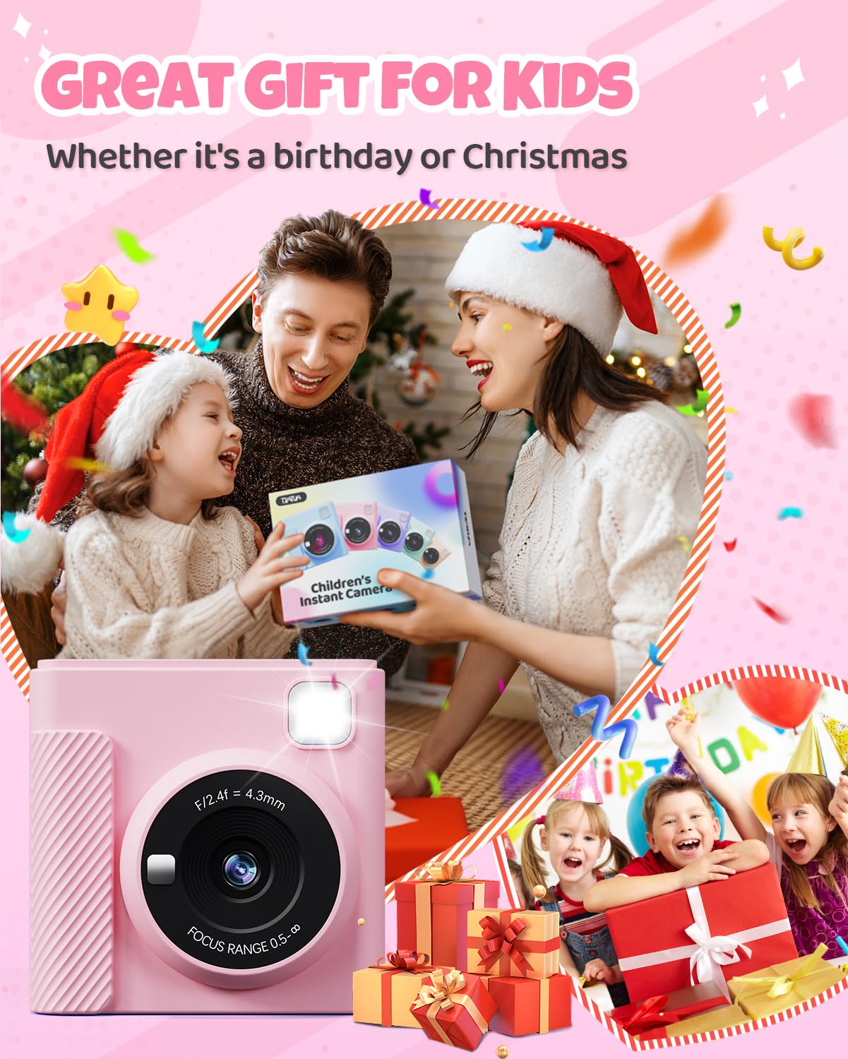 TIATUA Kids Camera Instant Camera, 2.4 Inch Instant Camera for Kids with 32G Card and Photo Paper Printing, 1080P HD Digital Camera for Kids, Gifts for Boys and Girls 3-12 Years (Pink)