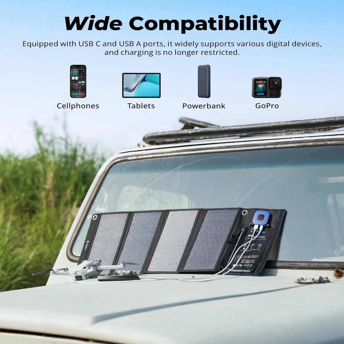 BigBlue 28W Portable Solar Charger with 2 ports (USB-C/USB-A), 5V/4A total output, IP44 solar panel with digital ammeter and zipper protection for devices like iPhone, Android, GoPro, and more.