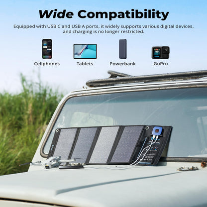 BigBlue 28W Portable Solar Charger with 2 ports (USB-C/USB-A), 5V/4A total output, IP44 solar panel with digital ammeter and zipper protection for devices like iPhone, Android, GoPro, and more.