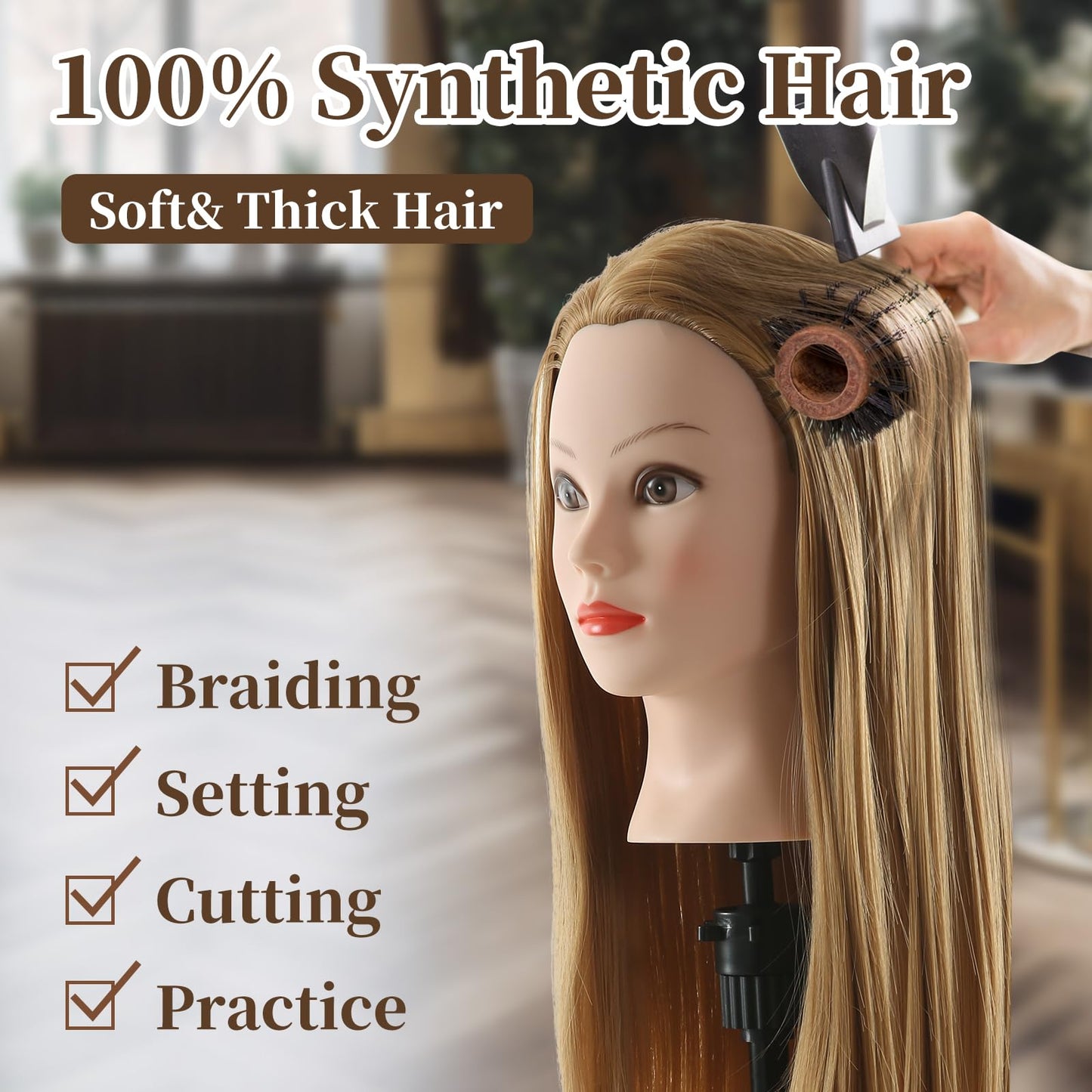 Mannequin Head Hairdresser Real Hair 100% Synthetic Hair Hairdresser Head Practice Head Hairdresser 26” Training Heads Doll Head Hairdresser Head With Stand + DIY Hair Set