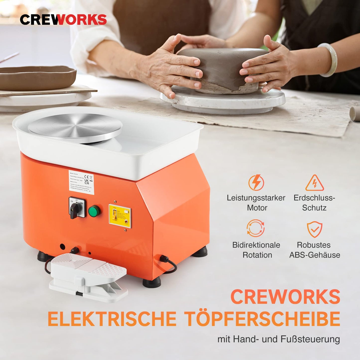 CREWORKS Pottery Wheel Electric Pottery Wheel Foot Pedal 350W Ceramic Forming Tool 0-300 RPM Ceramic Clay Machine 8 PCS Ceramic Kit Clay Spinning Wheel 25CM Pottery Wheel