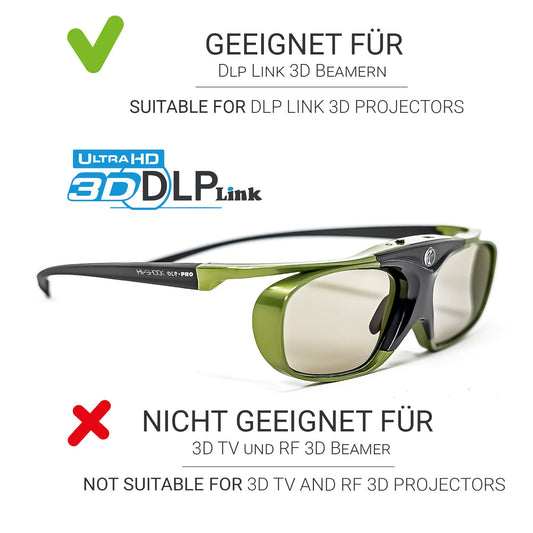 2X Hi-Shock DLP Pro Lime Heaven | DLP Link 3D active glasses for 3D DLP projectors from Acer, BenQ, Optoma, Viewsonic | compatible with PPA5610 / E4W [96-200 Hz | battery-operated | 32g | rechargeable]