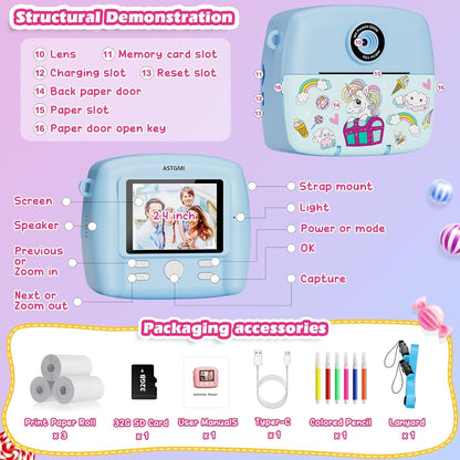 Instant Camera for Kids, Children Camera Compact Cameras 1080P HD Instant Printing of Photos, Birthday Gift Christmas Gift Toy for 3 4 5 6 8 7 9 10 11 Year Old Girls Boys 3 Rolls of Photo Paper