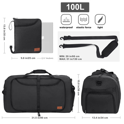 Vogsnow Travel Bag Large Foldable 100L, Weekender Overnight Bag Duffel Waterproof Sports Bag with Shoe Compartment for Men and Women