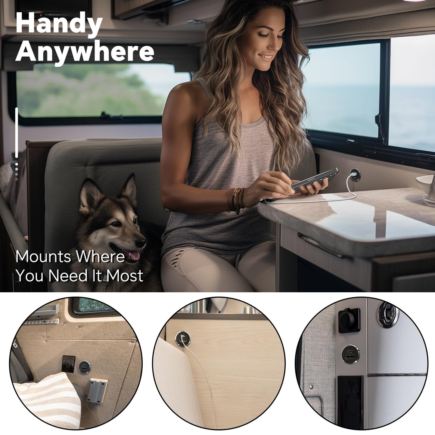12V USB socket for RVs made of aluminum, with 24W Type C PD3.0 connection and QC 3.0. Perfect for boats, caravans, campers, trucks.
