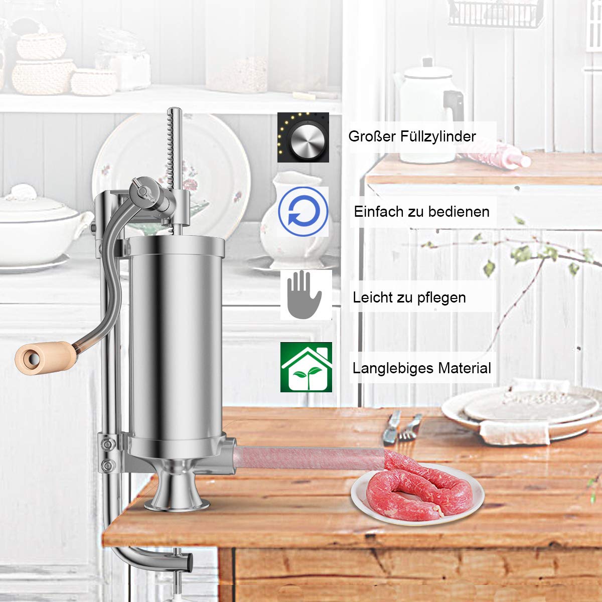 COSTWAY 1.5kg/2.5kg/3kg/5kg manual sausage stuffer, stainless steel sausage machine, silver sausage filling machine with table clamp, sausage syringe including filling tubes (2.5KG - 4 filling tubes)