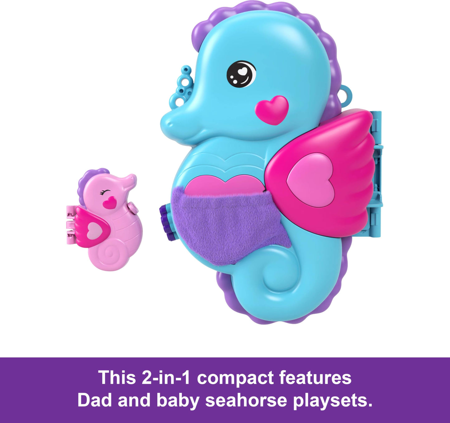 Polly Pocket dolls and playset with animals and 13 accessories, 2-in-1 Daddy and Me seahorse case, portable bag and animal toys, featuring Shani, HWP03.