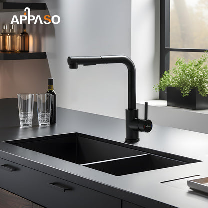 APPASO Low Pressure Kitchen Faucet Black, Kitchen Tap 3 Connectors, Low Pressure Kitchen Mixer Tap, Low Pressure Sink Mixer with 2 Spray Modes, Stainless Steel Black Mixer for Boiler.