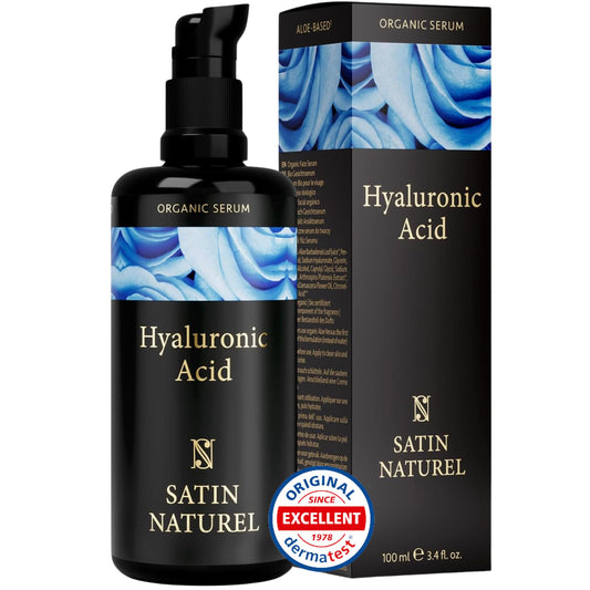 Satin Naturel Hyaluron Serum highly dosed 100ml - 24h moisture - Hyaluronic Acid Serum Face - Vegan - Facial Care Men and Women - Anti Aging Hyaluronic Acid Facial Serum with organic Aloe Vera