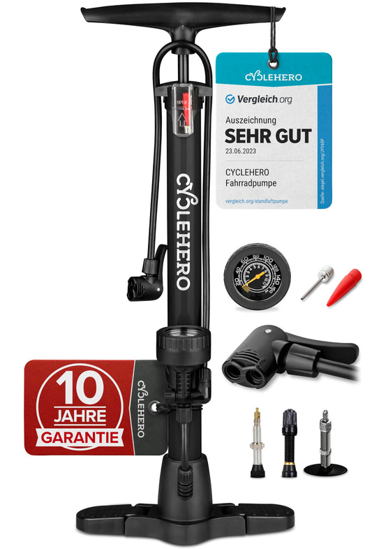 Bicycle pump all valves * Test VERY GOOD - 10 year WARRANTY * Powerful bike pump - bicycle pump French valve - floor pump with gauge - pump floor pump