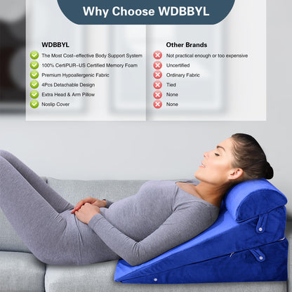 WDBBYL Bed Wedge Pillow Set, 4 pieces, for sleeping, elevation, post-surgery recovery support, acid reflux, GERD, snoring, washable velvet cover, Blue
