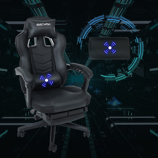 Puluomis Gaming Chair, Office Chair with Footrest, Racing Gaming Chair, PC Chair, Swivel Height Adjustable, 90-150° Backrest Adjustable, Removable Headrest, Lumbar Pillow, Ergonomic, Black